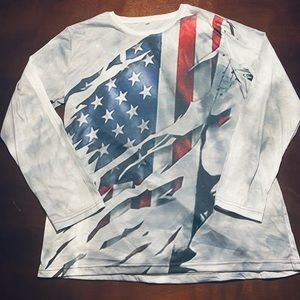 Mens USA Flag Patriotic Long Sleeve Lightweight Athetic Material Shirt Size L